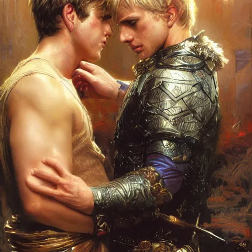 Image similar to attractive male, arthur pendragon who has blond hair confesses his love to attractive male, merlin who has dark hair. highly detailed painting by gaston bussiere, craig mullins, j. c. leyendecker 8 k