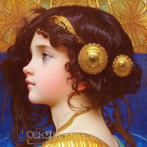 Image similar to a little girl with short wavy curly light brown hair and blue eyes, a space empress in byzantine style. beautiful highly detailed face, painting by ilya kuvshinov and alphonse mucha