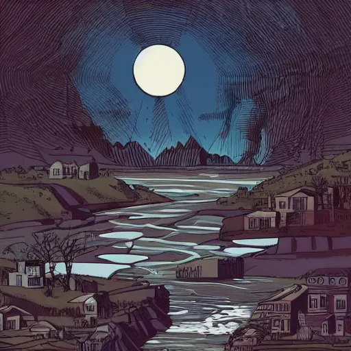 Image similar to dull by warren ellis. the computer art is of a small village with a river running through it. in the distance, there are mountains. the sky is clear & the sun is shining.