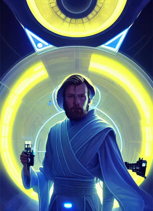 Image similar to symmetry portrait of obi - wan kenobi, sci - fi, tech wear, blue and yellow glowing lights, intricate, elegant, highly detailed, digital painting, artstation, concept art, smooth, sharp focus, illustration, art by artgerm and greg rutkowski and alphonse mucha