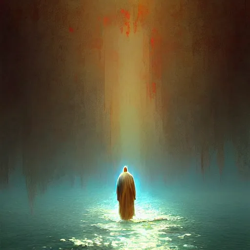 Prompt: Jesus Christ walking on water by Marc Simonetti