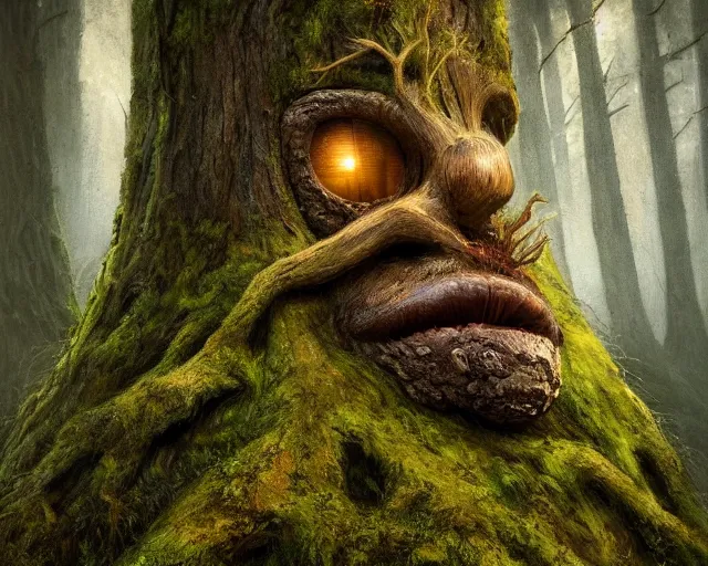 Prompt: a talking oak tree, a face in the bark, nose made of wood, eyes in the bark, fantasy concept art, leaves and moss, digital painting, oil painting, hyperrealistic, beautiful, treebeard, ent, highly detailed, soft lighting, golden sunlight, very detailed eyes, artstation, cgsociety, in the forest, by alan lee, by artgerm