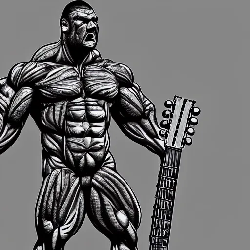 Image similar to big muscle man with a guitar as a body, digital art, intricate