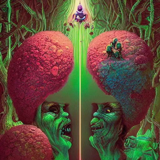 Image similar to hyperdetailed psychedelic horror fantasy portrait of garden gnomes by wayne barlowe and beeple, vivid color, album cover,