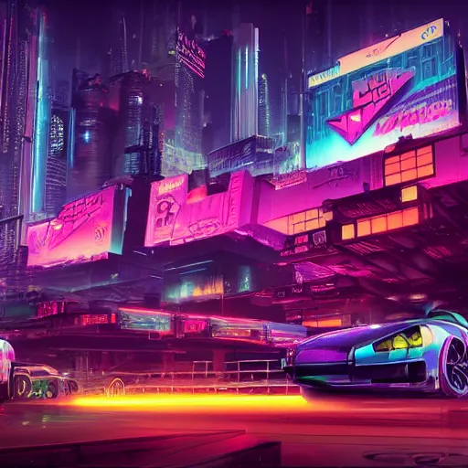 Prompt: Neon cyberpunk cityscape with flying cars and advertisement screens, Blender 3D, Unreal Engine, 8k, by Jordan Grimmer and Andrea Pozzo