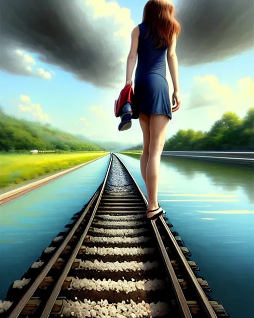 Prompt: shallow reflective water completely covers submerged train tracks as a girl carries her shoes, there is a train station in the distance and large white clouds on a wide horizon, intricate, elegant, highly detailed, digital photo, artstation, concept art, smooth, sharp focus, art by artgerm and greg rutkowski and fra angelico