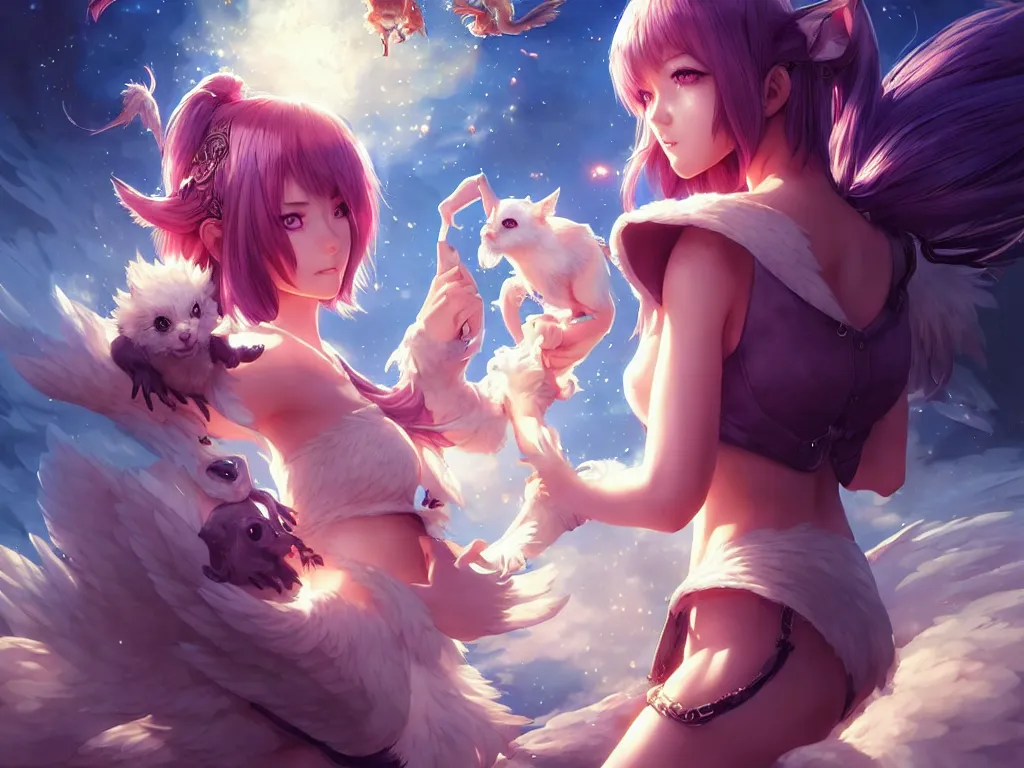 Image similar to lovely summoner girl with their magical animal companions, occlusion shadow, specular reflection, rim light, unreal engine, artgerm, artstation, art by hiroaki samura and ilya kuvshinov and ossdraws, intricate, highly detailed 8 k, fantasy illustration, extremely beautiful and aesthetic shape of face and clothes, movie poster