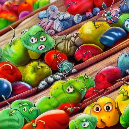 Image similar to a colorful realistic drawing of ants going grocery shopping, detailed, depth of field, 8 k render, hd