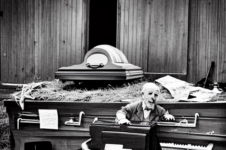 Image similar to a creepy old man playing a piano in the shape of a casket, with other caskets piled up in the back