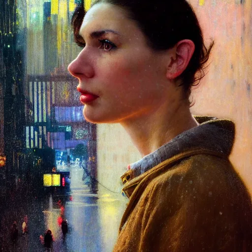 Image similar to detailed portrait of a woman, moment, cyberpunk cloisters, electronic billboards, tech noir, wet reflections, atmospheric, ambient, wlop, norman rockwell, alexis flower, hopper, livia prima, greg rutkowski, george tooker, gil elvgren, norman rockwell, alexis flower, hopper, mucha, whistler, norman rockwell, peter max,