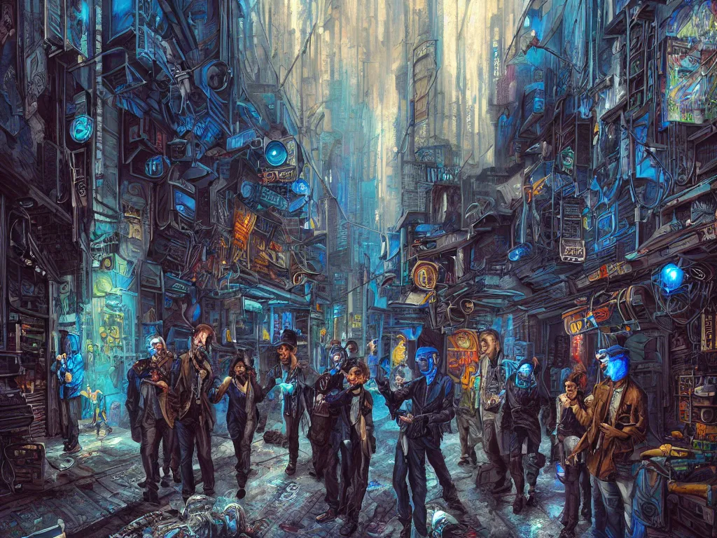 Prompt: hyperrealistic matte painting of a cyberpunk gang in an alleyway between buildings, graffiti, fine detail, intricate, polished, smooth, ultradetailed, blue color scheme, digital art, illustration, impressionist, by john smith and george luks