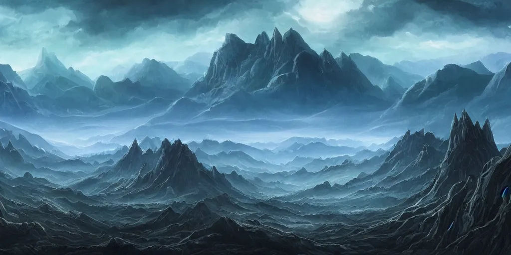 Prompt: The eldritch sky landscape with mountains in the background, Sci-Fi fantasy desktop wallpaper, painted, 4k, high detail, sharp focus