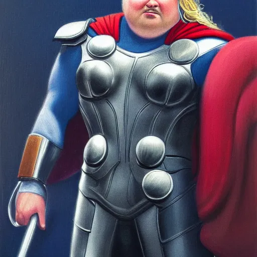 Image similar to Fernando Botero painting of Thor from MCU, high definition art, extremely detailed