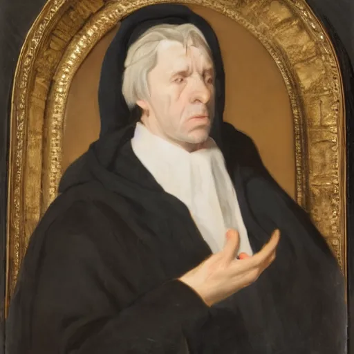 Image similar to a portrait of a man wearing a long pale cloak, face covered by hood, holding gold chains, oil painting, high detail