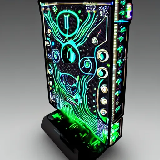 Image similar to bioluminescent ancient cybernetic quantum computer valve body, sharp focus, hyper detailed masterpiece