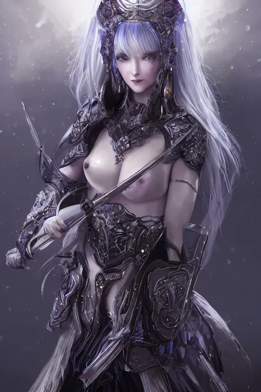 Image similar to portrait evilly white hair knights of Zodiac girl, metalic deep purple and black reflected armor, in ruined Agora of Athens thunder sparkling flash night, ssci-fi and fantasy and intricate and very very beautiful and elegant, highly detailed, digital painting, artstation, concept art, smooth and sharp focus, illustration, art by tian zi and WLOP and alphonse mucha