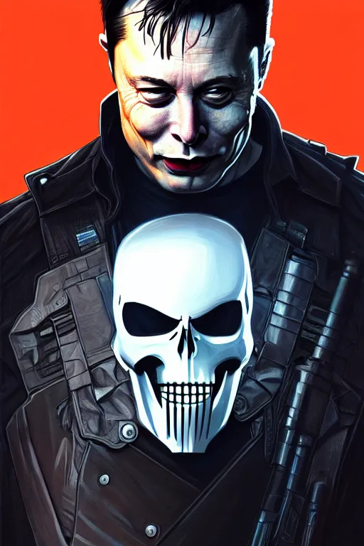 Prompt: elon musk as punisher, realistic portrait, skull on vest, highly detailed, digital painting, artstation, concept art, smooth, sharp focus, illustration, cinematic lighting, art by artgerm and greg rutkowski and alphonse mucha