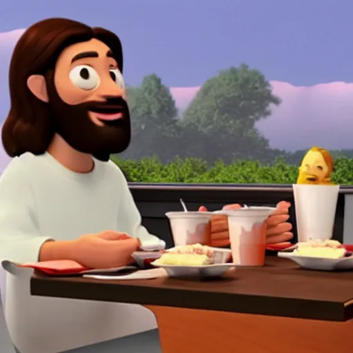 Prompt: jesus eating at chick - fil - a, pixar,