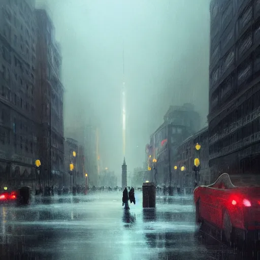 Image similar to a centerpiece statue stands in gotham city, night, wet pavement, street level view, light mist, fantasy, intricate, elegant, digital painting, trending on artstation, concept art, soft focus, illustration by greg rutkowski, edward hopper, 4 k.