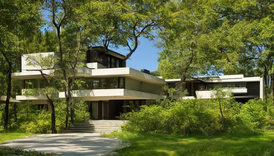 Prompt: modern house with courtyard and big entrance, tibetan inspired architecture, on a green hill between trees, frank lloyd wright, photorealistic