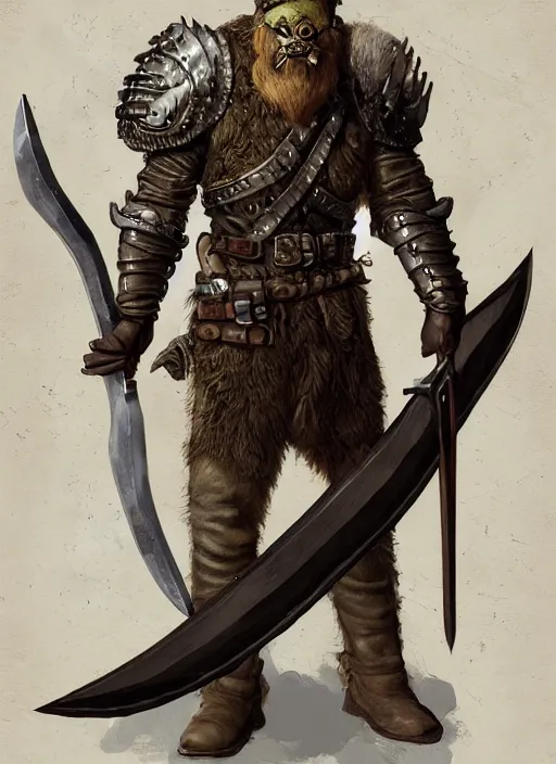 Image similar to strong young man, photorealistic bugbear ranger holding aflaming sword, black beard, dungeons and dragons, pathfinder, roleplaying game art, hunters gear, jeweled ornate leather and steel armour, concept art, character design on white background, by alan lee, norman rockwell, makoto shinkai, kim jung giu, poster art, game art