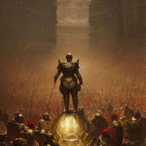 Image similar to artstation concept of a man in armor standing in a crowd gettig cheered, bright colorful, gold, hyperdetailed, artstation trending, world renowned artists, worth 1 0 0 0. com, historic artworks society, antique renewel, cgsociety, by greg rutkowski, by gustave dore, deviantart