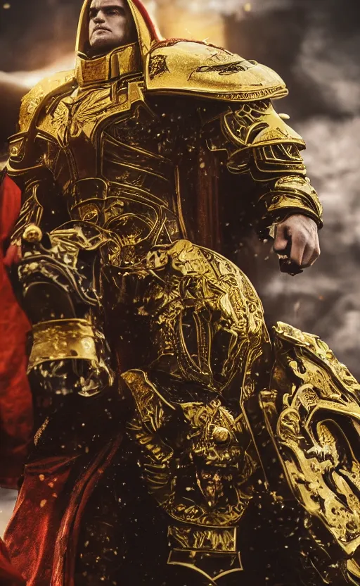 Image similar to angry Henry Cavill as warhammer 40k God-Emperor of Mankind dressed in his glowing golden power armor. full-length portrait, beautiful face, long hair, painted by Donato Giancarlo, intricate fine armor rune details, cinematic, highly detailed, octane render