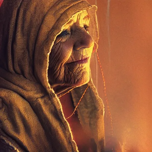 Image similar to an elderly woman wearing a hood and robe of multiple layers of drab colored torn linen, she’s wearing a necklace made of string and cable with golden rings and coins intertwined, lit by campfire, smoky, haze, film grain, cinematic moody, artstation, concept art, filmic by Craig Mullins