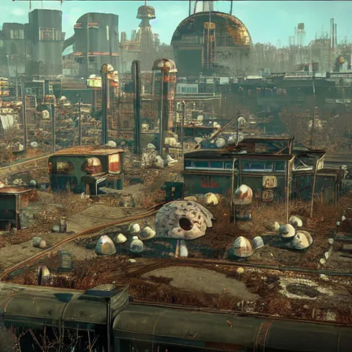 Prompt: mushroom kingdom from the super mario franchise in ruins post - nuclear war in fallout 4, in game screenshot