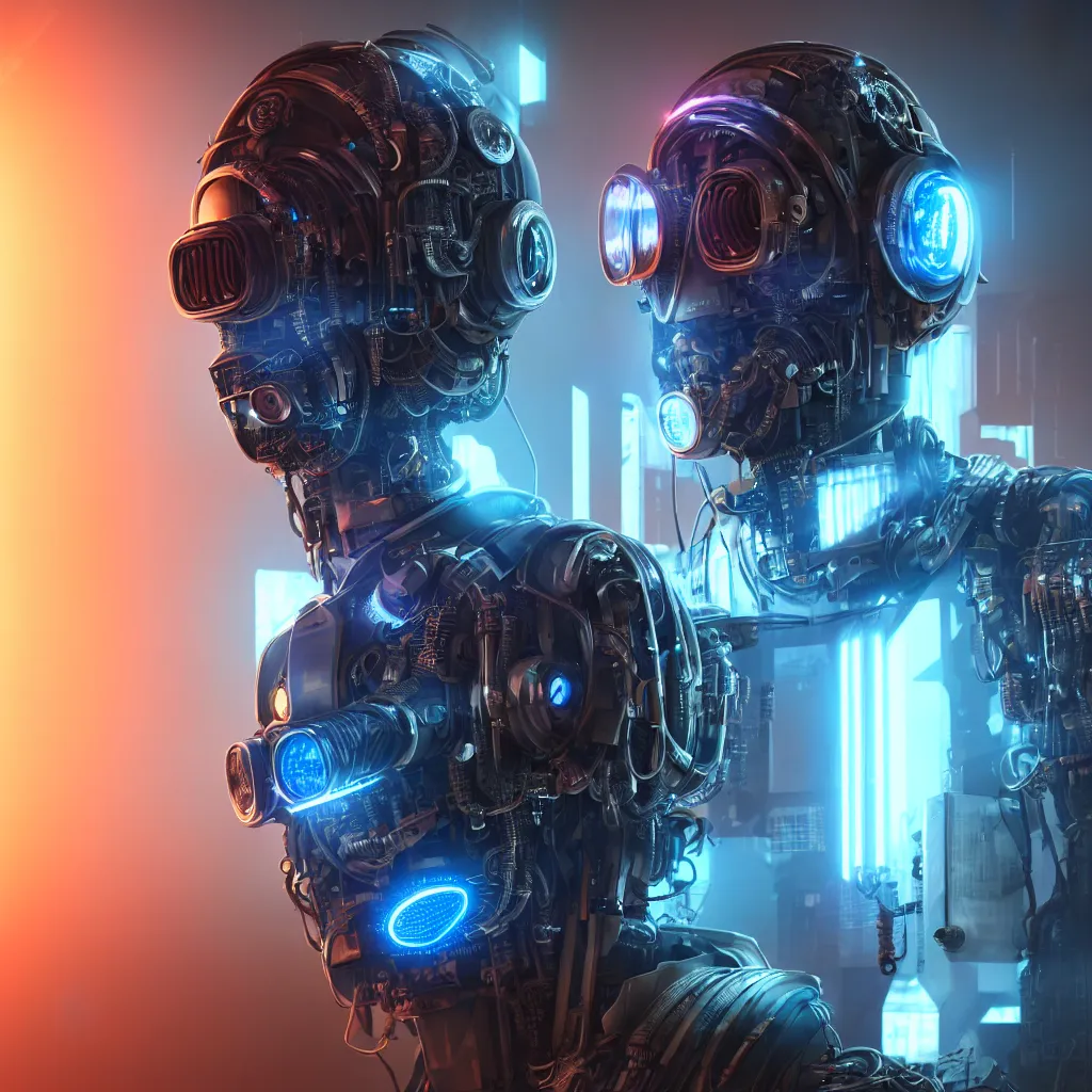 Image similar to photoreal portrait of a futuristic intricate angry robot in a post apocalyptic server bunker of singularity, intricate malfunctioning circuits, glittering light leaks, electromagnetic waves, blue glowing agressive led eyes, wearing a very intricate wwii combat flight mask and goggles, octane render, trending on artstation, cyberpunk, dystopia tokyo