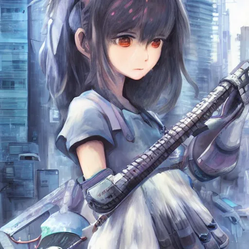 Image similar to dynamic composition, motion, ultra-detailed, incredibly detailed, a lot of details, amazing fine details and brush strokes, colorful and grayish palette, smooth, HD semirealistic anime CG concept art digital painting, watercolor oil painting of Clean and detailed post-cyberpunk sci-fi close-up schoolgirl in asian city in style of cytus and deemo, blue flame, relaxing, calm and mysterious vibes,, by a Chinese artist at ArtStation, by Huang Guangjian, Fenghua Zhong, Ruan Jia, Xin Jin and Wei Chang. Realistic artwork of a Chinese videogame, gradients, gentle an harmonic grayish colors. set in half-life 2, Matrix, GITS, Blade Runner, Neotokyo Source, Syndicate(2012), dynamic composition, beautiful with eerie vibes, very inspirational, very stylish, with gradients, surrealistic, dystopia, postapocalyptic vibes, depth of field, mist, rich cinematic atmosphere, perfect digital art, mystical journey in strange world