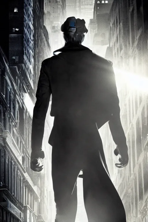 Prompt: spider-man in a trench coat, character poster, dramatic lighting, atmospheric dust, intense lens flare, hazy 1920s city backdrop, noir film