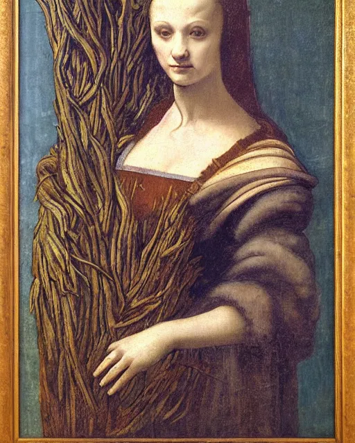 Prompt: a oil painting of lady with an groot, by leonardo da vinci.