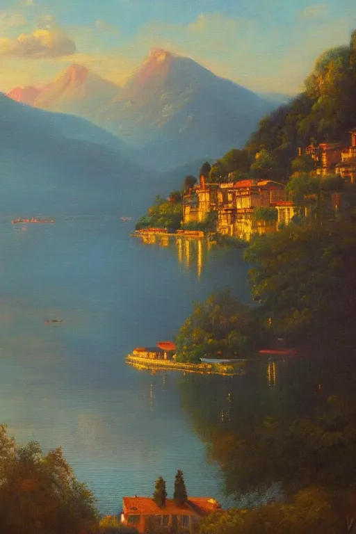 Image similar to A beautiful oil painting of Lake Como, intricate, elegant, golden hour, volumetric lighting, summer, hyperrealistic, colorful, hyperdetailed.