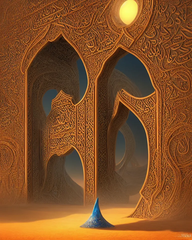 Image similar to a surreal islamic style ornamental gate in the desert opens into an other dimension with different alien landscape. by vincent di fate and james jean. ornament, intarsia, portal, doorway, dynamic lighting, ambient lighting, atmospherical, photorealistic fantasy concept art, trending on art station, stunning visuals, creative, cinematic, ultra detailed