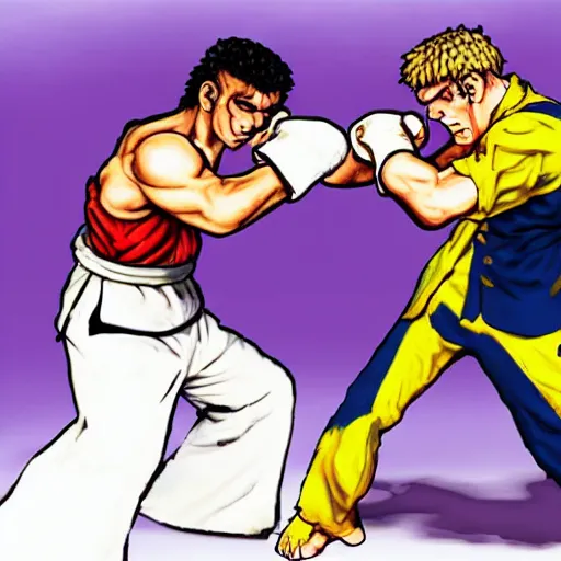 Image similar to rowan atkinson fist fighting hugh laurie as street fighter characters, street fighter game style, high detail