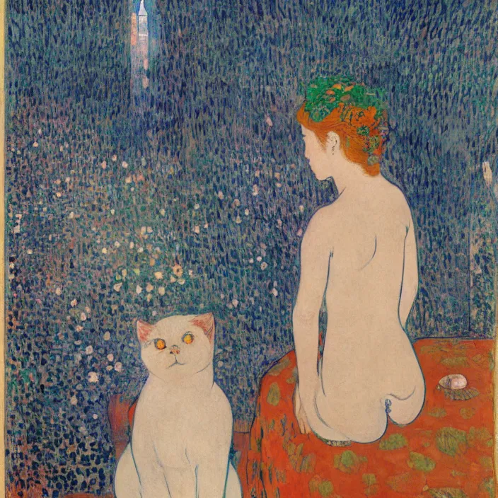 Prompt: sad woman and white cat with city with gothic cathedral and tall trees seen from a window frame with curtains. night with glowing stars with fireflies. mikalojus konstantinas ciurlionis, henri de toulouse - lautrec, utamaro, matisse, monet