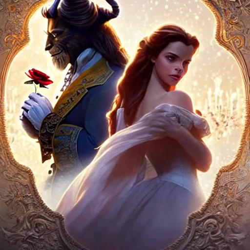 Image similar to belle beauty and the beast ; ultra realistic, concept art, intricate details, eerie, haunting, highly detailed, photorealistic, octane render, 8 k, unreal engine. art by artgerm and greg rutkowski and charlie bowater and magali villeneuve and alphonse mucha