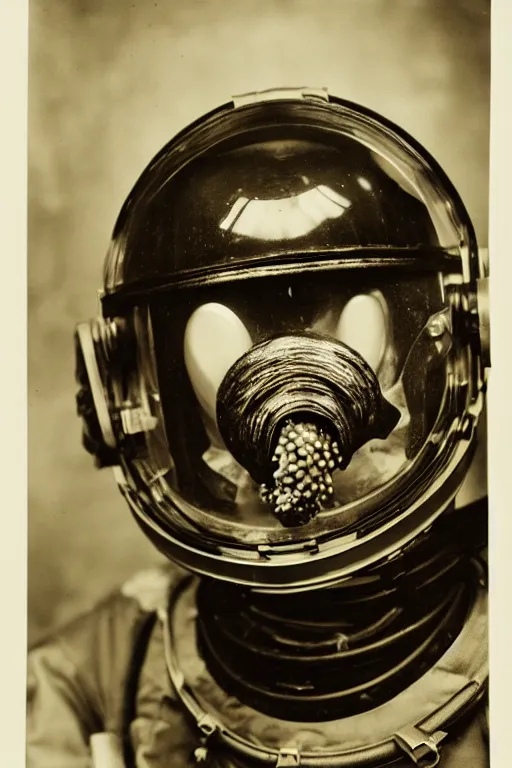 Prompt: extremely detailed studio portrait of space astronaut, alien tentacle protruding from eyes and mouth, slimy tentacle breaking through helmet visor, shattered visor, helmet is off, full body, soft light, disturbing, shocking news, award winning photo by james van der zee