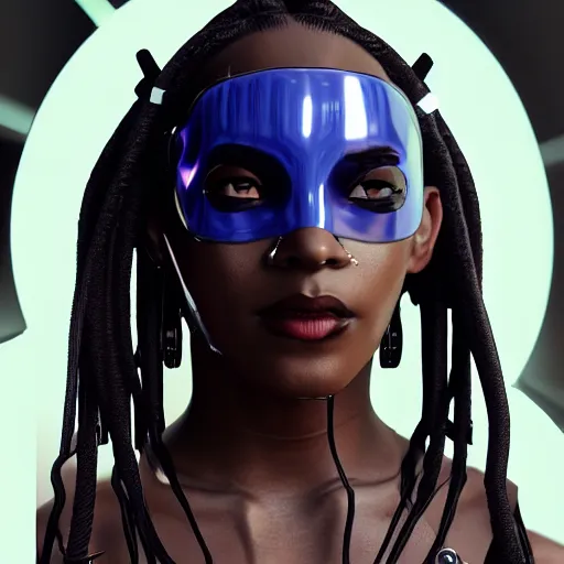 Image similar to a portrait of a beautiful masked black cyberpunk girl with dreadlocks by koral bak, artstation, cyberpunk, symmetric portrait, sci - fi, vray render, unreal engine, hyperrealism, photorealism