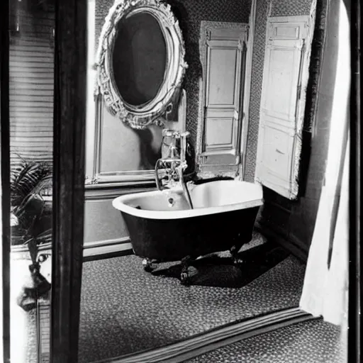 Image similar to a 1 9 5 0 s newspaper photo of a lavish bathroom. the mirror is shattered on the floor