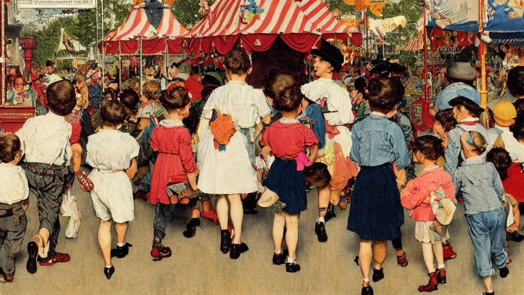 Prompt: kids wandering through a carnival, all ignoring the rides and pasting in their phones instead, by Norman Rockwell