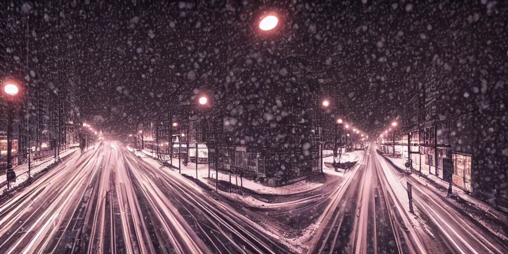 Prompt: a city street at night, snowing, photograph, cyberpunk, sharp focus, intricate detail, Desolate, drone shot, high resolution, 8k neon streetlights