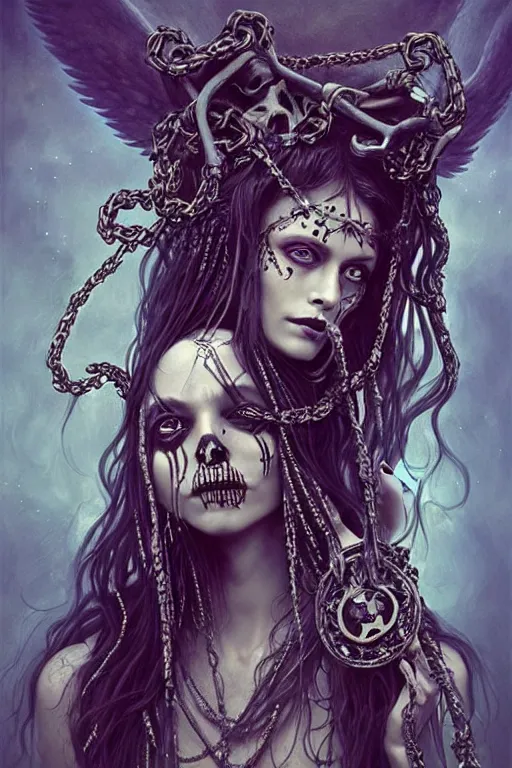 Image similar to evil angels that look like hippies with chain hair dancing with chains, fantasy, face with skull mask, long hair, intricate, elegant, highly detailed, digital painting, artstation, concept art, smooth, sharp focus, illustration, art by artgerm and greg rutkowski and aleister crowley
