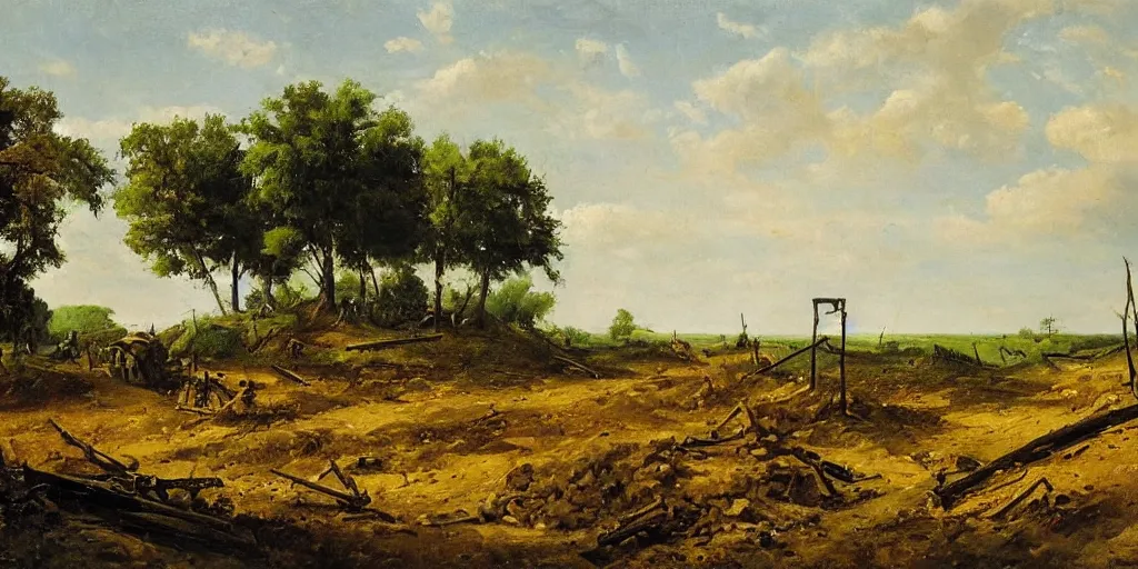 Prompt: landscape scene of an eastern front battlefield, summertime, distant destroyed smoking tank, sandbags, trenches, craters, romanticist oil painting