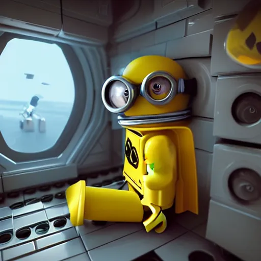 Image similar to lego minion astronaut in the spaceship by goro fujita by beeple, realism, sharp details, cinematic, highly detailed, digital, 3 d, hd, yellow colors, realistic shadows and lights