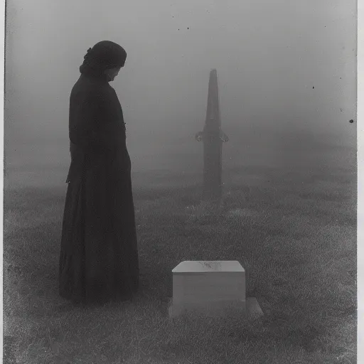 Prompt: a sad woman soul looking at his grave, night, fog, 1 9 0 0's photo