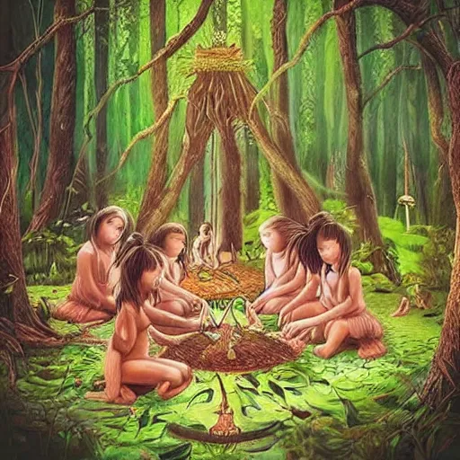 Image similar to “ forest childs making ritual in the forest, intricate, artwork, illustration, fantasy, digital art ”