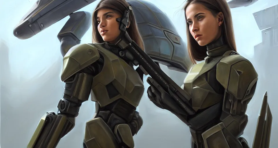 Image similar to a photorealistic painting of an attractive young girl, clothed in stealth-battle armor with a giant sci-fi sniper rifle in her hands, olive skin, long dark hair, beautiful bone structure, symmetrical face, perfect eyes, a futuristic hover-tank with heavy laser-turret in the background, intricate details, elegant, digital painting, illustration, sharp focus, minimal artifacts, from Metal Gear, in the style of Ruan Jia and Mandy Jurgens and Greg Rutkowski, trending on Artstation, award winning, unreal engine, octane render