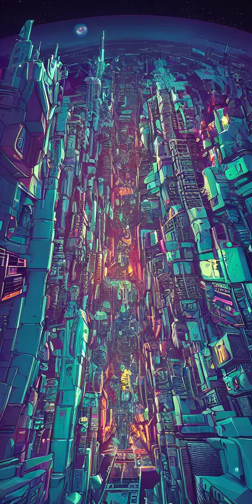 Image similar to astronaut cyberpunk surreal upside down city with a full moon, neon lights, sharp edges, flat colors, cell shaded, wide angle lens by moebius, Jean Giraud, trending on artstation